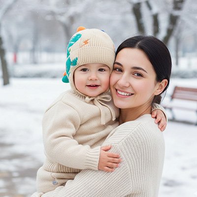 Bonnet Bébé Dino maman tenant tendrement son bébé dehors, bien protégé du froid par son bonnet chaud