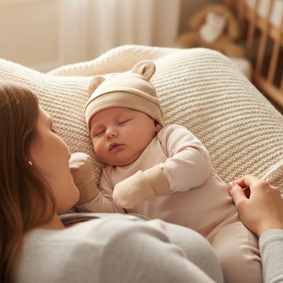 Bonnet Bébé Gioia doux une maman admire tendrement son bébé qui dort paisiblement