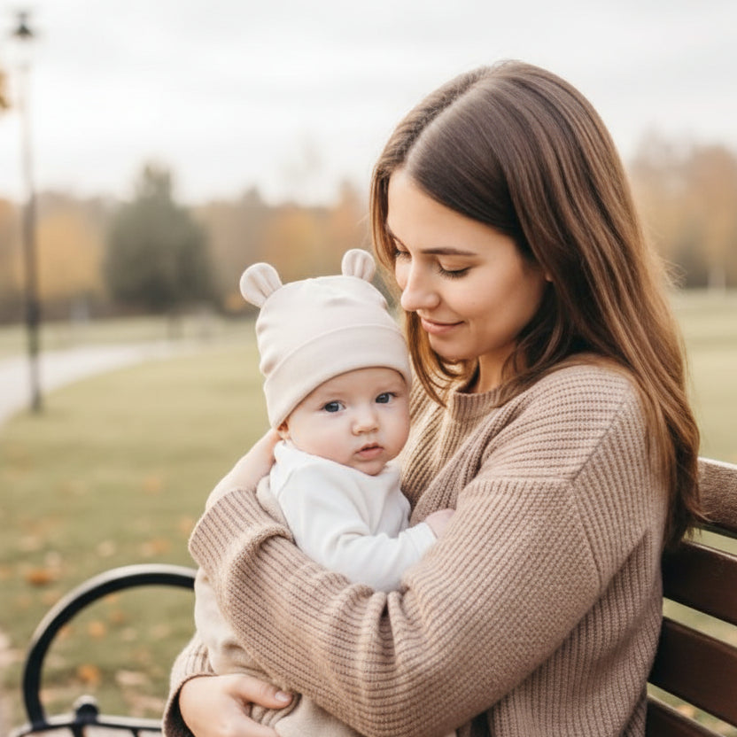 Bonnet bébé Lunovar bébé au chaud lors d'une pause sur un banc avec maman.