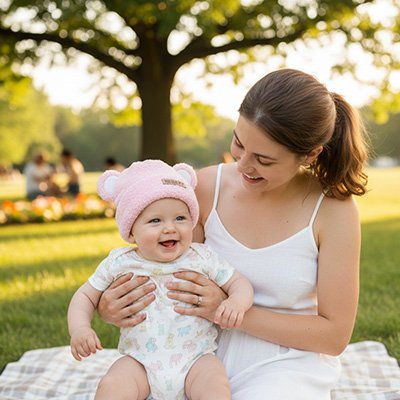 Bonnet bébé Roméo porté par un bébé, maman et son bébé assis dans le parterre