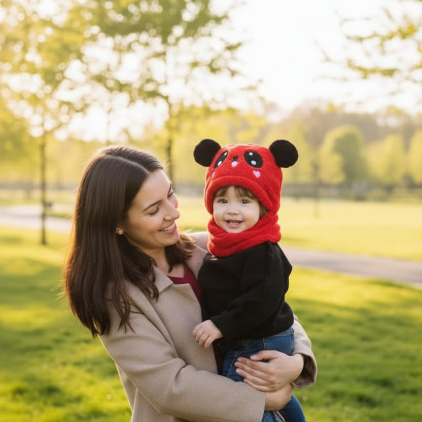 Cagoule bébé Ventia élastique et confortable : portée par un bébé souriant dehors.