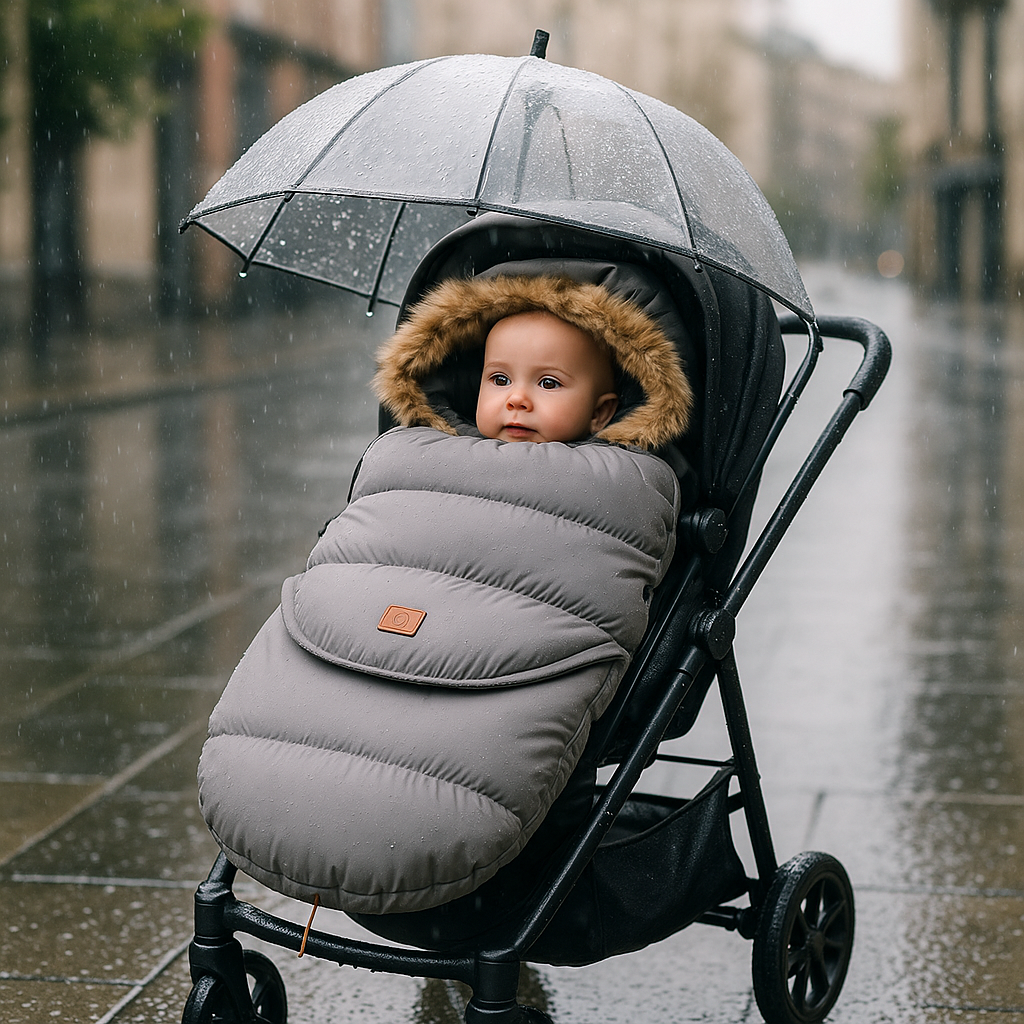 Chancelière Bébé Gris journée de pluie rend heureux et chaud