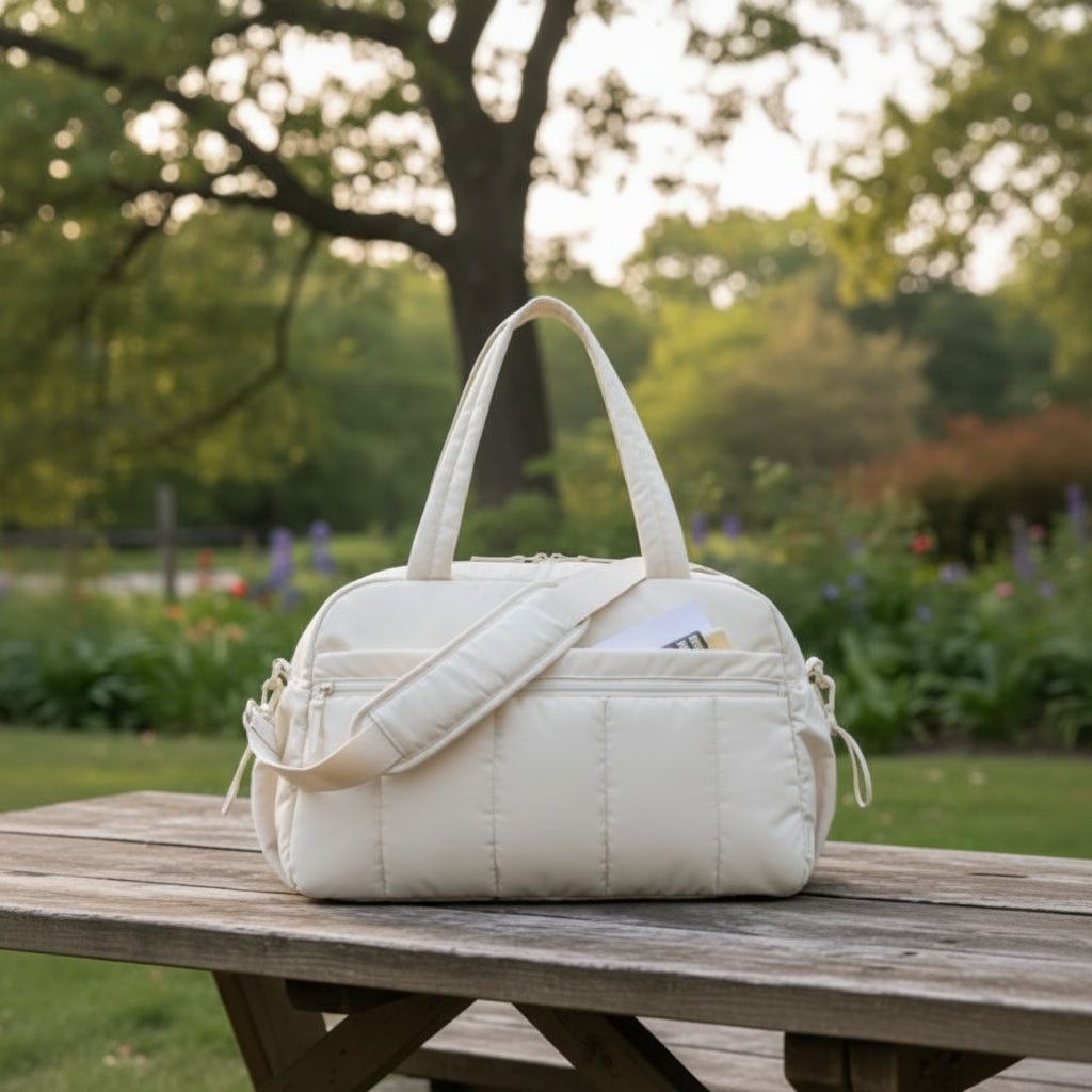 Sac à langer Yunibag léger — posé sur table de pique-nique