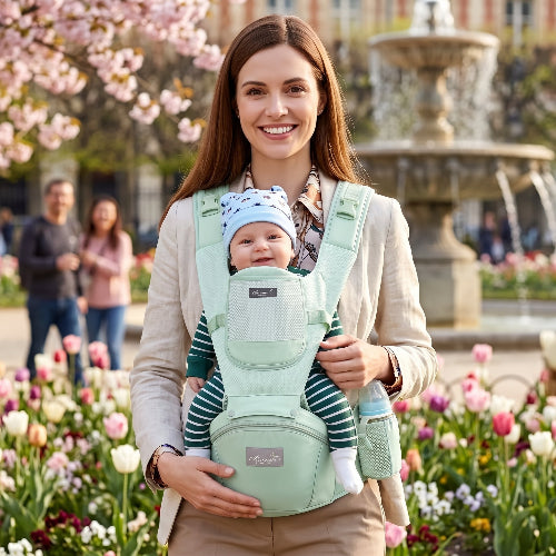 Porte bébé Petit Complice™ vert — maman et bébé au parc
