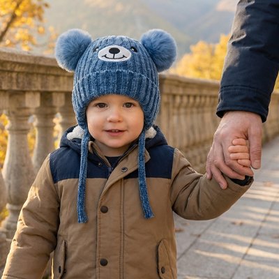 Bonnet bebe ajustable Gaules — petit garçon qui marche fièrement en tenant la main
