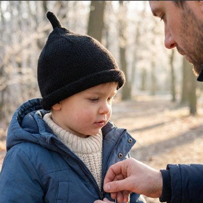 Bonnet bébé ajustable noir — bébé avec son bonnet pendant que papa attache son manteau
