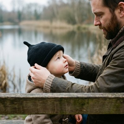 Bonnet bébé Aube chaud noir — papa qui met le bonnet sur la tête de son bébé assis sur un banc proche du lac