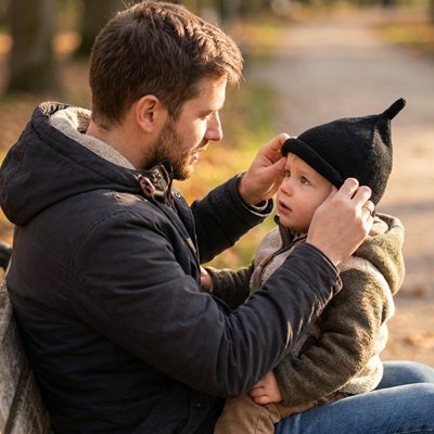 Bonnet bébé Aube extra-doux noir — papa qui met le bonnet de son bébé au coucher du soleil en automne