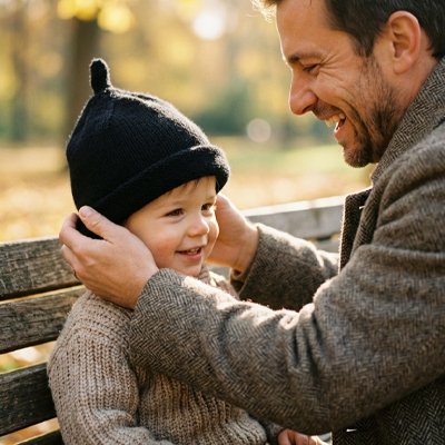 Bonnet bébé Aube tricoté noir — papa qui ajuste le bonnet de son bébé sur un banc de parc en automne