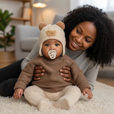 Bonnet bébé Bravento maman caressant son bébé avec son bonnet  doux en maille 