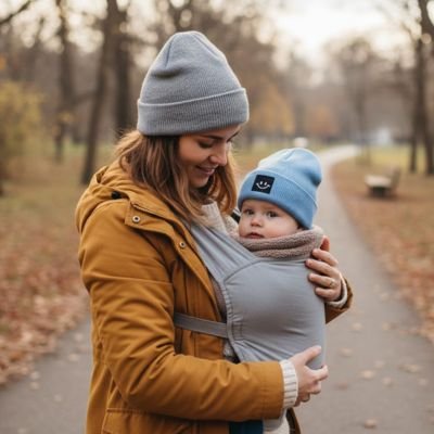 Bonnet bébé Brimelio™ doux doux lors d'une randonnée avec maman
