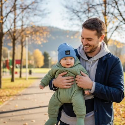 Bonnet bébé Brimelio idéal pour une randonnée en plein air avec papa.
