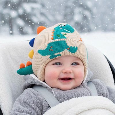 Bonnet Bébé Dino bébé installé dans sa poussette pour une promenade dans la neige, son bonnet avec attaches bien en place.