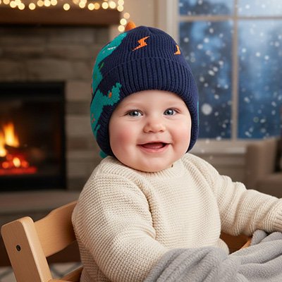 Bonnet Bébé Dino à l'intérieur d'un chalet, portant son Bonnet respirant et confortable