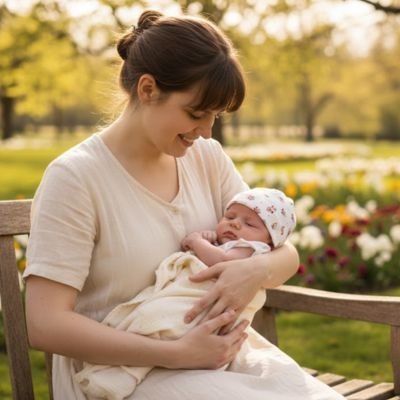 Bonnet bébé fille Caprissea garde bébé au chaud sur le banc du parc.