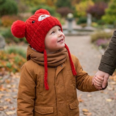 Bonnet bebe chaud Gaules rouge — petit garçon tient la main de maman pendant une marche hivernale