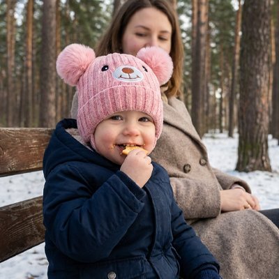 Bonnet bebe Gaules doux rose — petite fille assise sur un banc en hiver, craquelins et bonheur