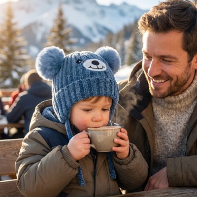 Bonnet bebe Gaules tricot bleu — papa et fils sur un banc savourent un chocolat chaud ensemble