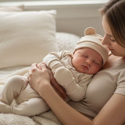 Bonnet Bébé Gioia unisex endormi paisiblement sur sa maman
