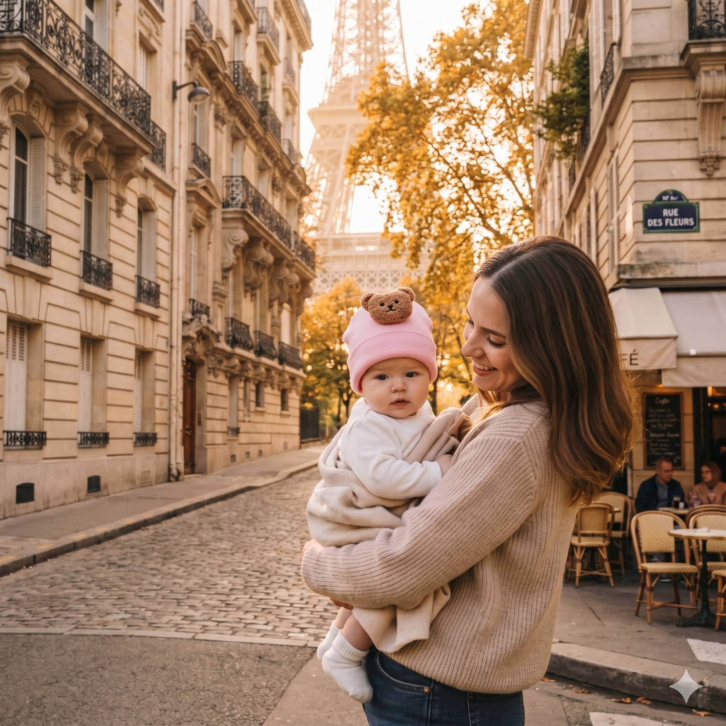 Bonnet bebe ajustable Nounou™ — maman tient son bébé dans les rues de Paris, élégance et douceur


