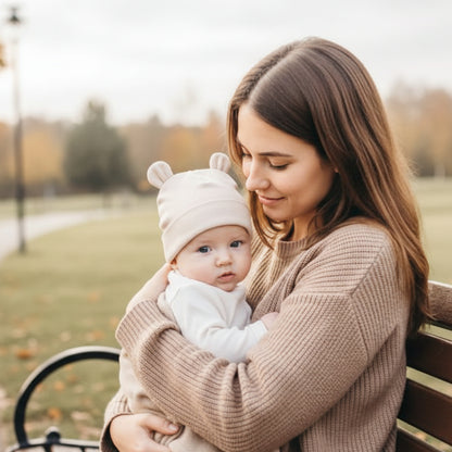 Bonnet bébé Lunovar bébé au chaud lors d'une pause sur un banc avec maman.