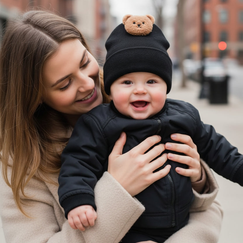 Bonnet bebe extra-doux Nounou™ — maman admire son bébé qui rit aux éclats, bonheur pur