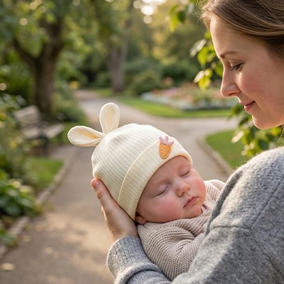 Bonnet bébé chaude Paris™ — bébé dort paisiblement dans les bras de maman dehors, pur bonheur