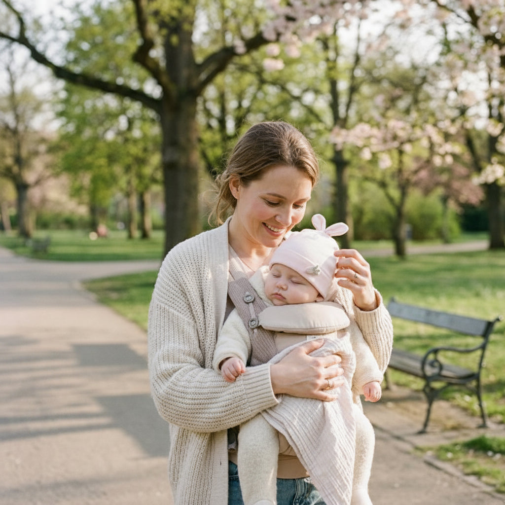 Bonnet bébé doux Paris™ — maman se promène, bébé dort paisiblement dans le porte-bébé