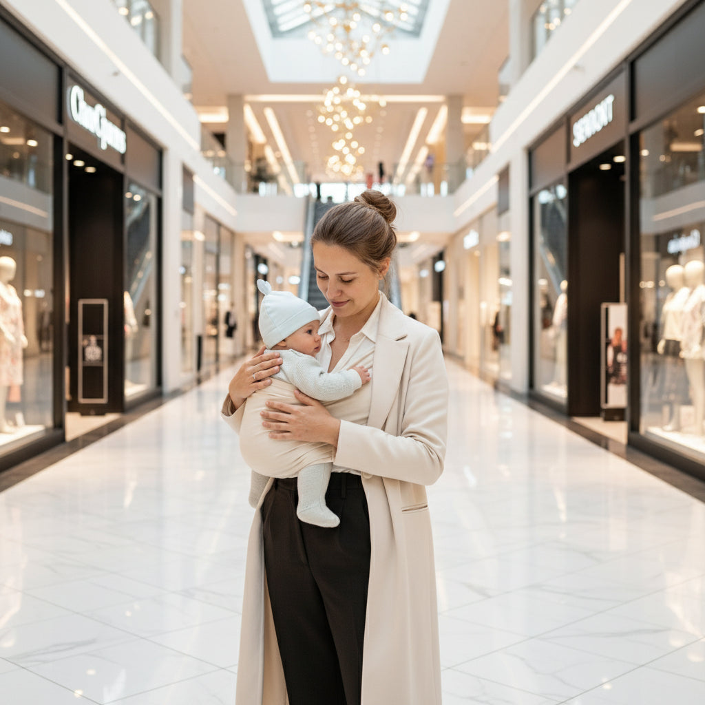 Bonnet bébé naissance Paris™ — maman au centre d'achat, bébé serein dans le porte-bébé