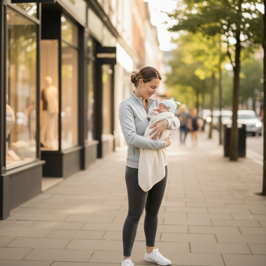 Bonnet bébé ultra-doux Paris™ — maman active et stylée marche dans la rue, bébé bien protégé