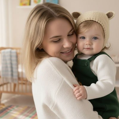 Bonnet bébé Piccolo chaud et doux dans les bras de sa maman, prêt pour une promenade hivernale en toute protection