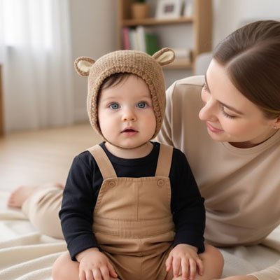 Bonnet bébé Piccolo doux dans les bras de sa maman, prêt pour une promenade hivernale en toute protection.
