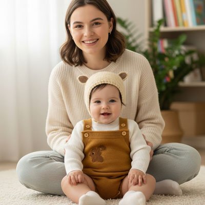 Bonnet bébé Piccolo Bébé jouant tranquillement assis sur un tapis de salon, souple et extra-doux, idéal pour les journées cocooning