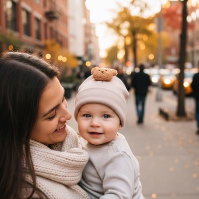 Bonnet bebe respirant Nounou™ — câlin joue à joue sur le trottoir, tendresse infinie