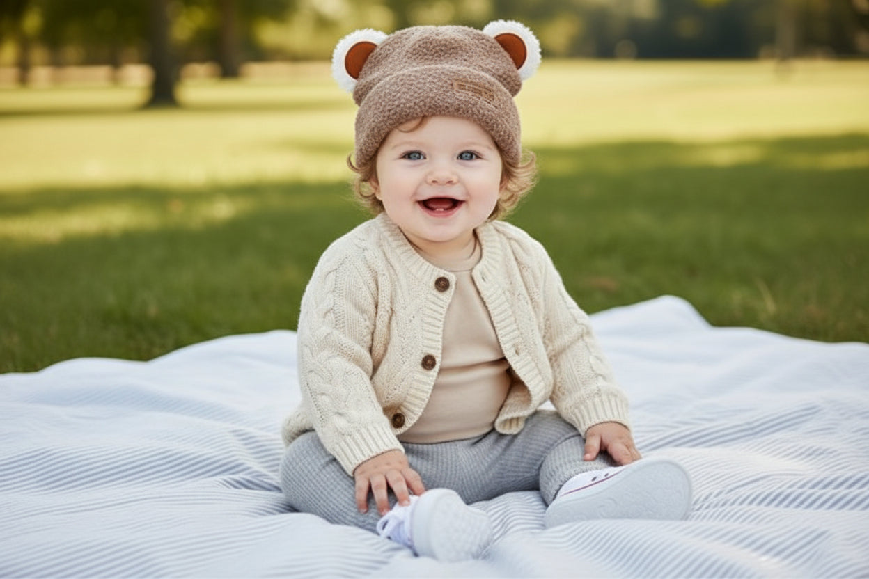 Bonnet bébé Roméo ajustable en coton doux, bébé assis dehors dans l'herbe lors d'une journée ensoleillée.