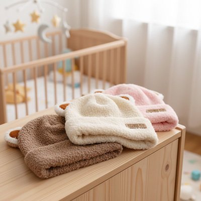 Bonnet bébé Roméo 3 bonnet chaud sur le cabinet dans la chambre.