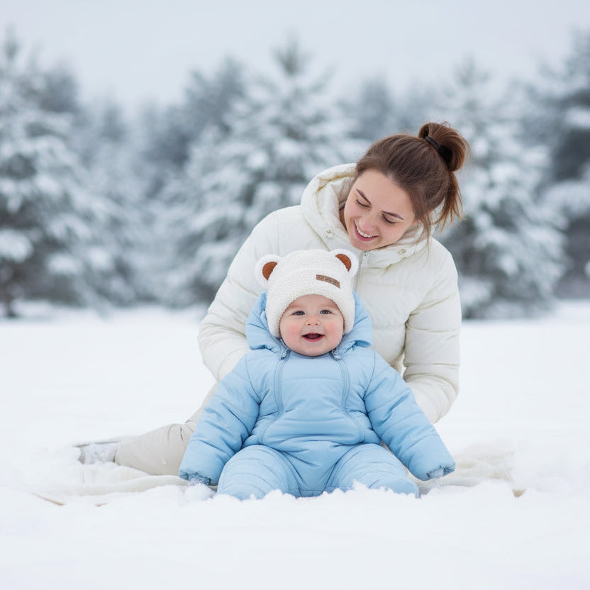 Bonnet bébé Roméo respirable porté dehors dans la neige par bébé, accessoire hiver doux