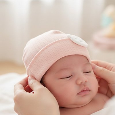 Bonnet bébé Trilli ajustable et extra-doux, idéal pour garder bébé au chaud durant son sommeil.