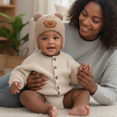 Bonnet bébé Bravento bébé assis portant un bonnet tricoté au design intemporel et chic