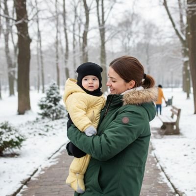 Cagoule bébé Bellorin au chaud dans les bras de sa maman dehors en hiver