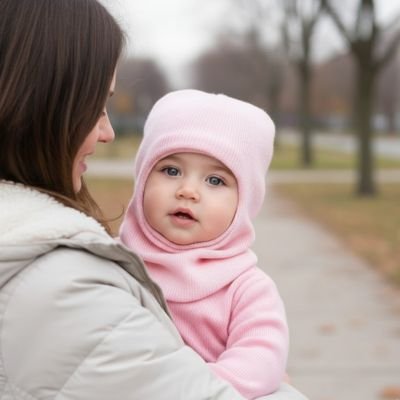 Cagoule bébé Bellorin Maman tenant son enfant portant la cagoule rose : une protection douce pour les sorties hivernales