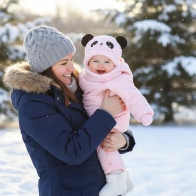 Cagoule bébé Ventia accessoire d'hiver adorable et confortable  souriant à l'extérieur avec maman.