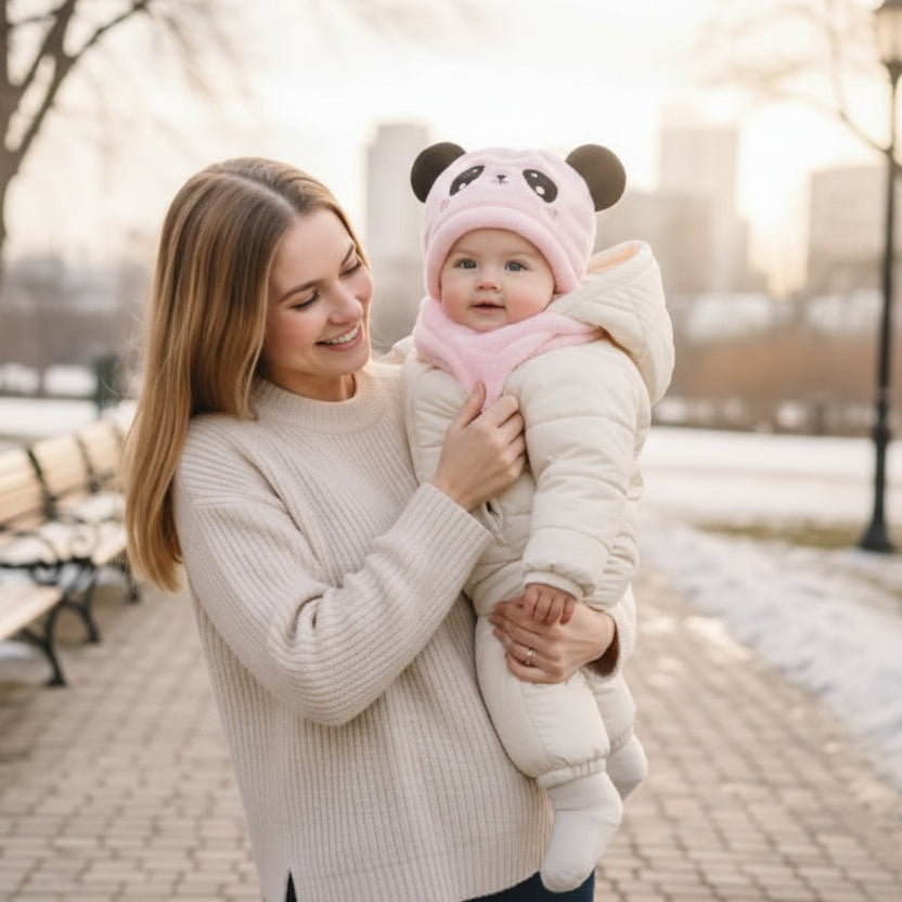Cagoule bébé Ventia chaude et confortable pour l'hiver, portée par un bébé lors d'une sortie dehors avec maman.