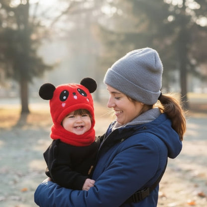 Cagoule bébé Ventia accessoire d'hiver doux et chaud pour nourrisson porté par un bébé heureux.