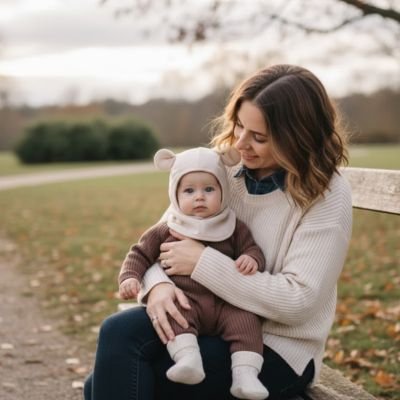 Cagoule pour bébé Stellina Bébé confortablement installé dehors avec maman,  l'accessoire indispensable adorable pour les sorties au parc en automne ou en hiver.