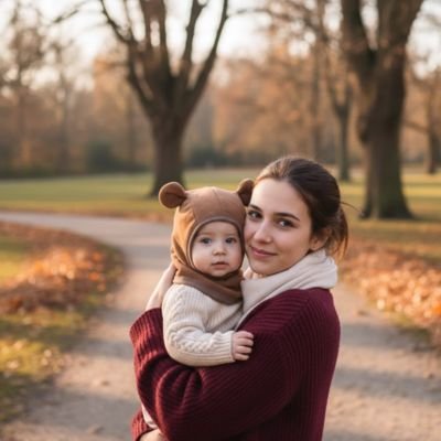 Cagoule pour bébé Stellina bébé dans les bras de sa maman  l'accessoire indispensable pour garder la tête et le cou de bébé au chaud