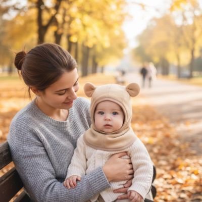Cagoule pour bébé Stellina  moment de repos sur un banc : maman et son bébé bien au chaud dans sa cagoule coupe-vent