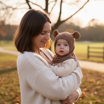 Cagoule pour bébé Stellina une maman tenant tendrement son bébé qui porte une cagoule douce