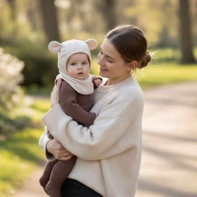 Cagoule pour bébé Stellina elastique   bébé bien au chaud dans sa cagoule