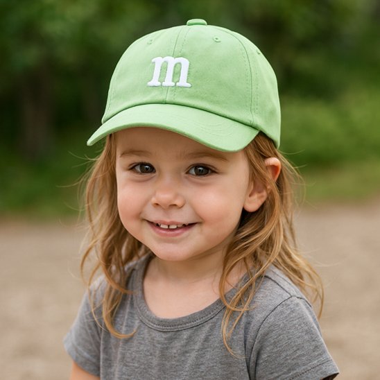 Casquette bébé Montévo Petite fille portant la casquette verte pour une protection solaire dehors.